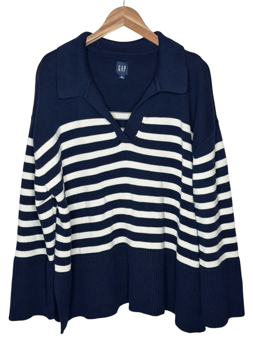 GAP 24/7 Split-Hem Polo Sweater SZ XL Navy White Striped V‑Neck Collared Coastal